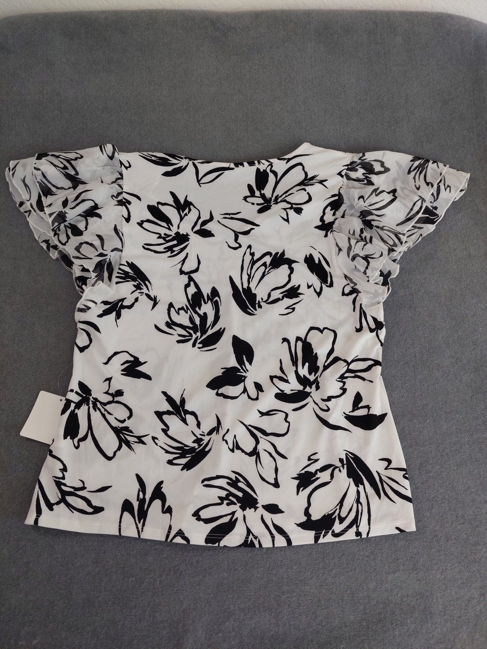 NWT Perception Concept Floral Ruffle Flutter Sleeve Blouse Top White Black L - Picture 6 of 6